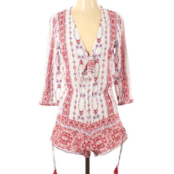 Saylor Red, White and Blue Boho Romper with Red Tassels in Size Small - Picture 3 of 9